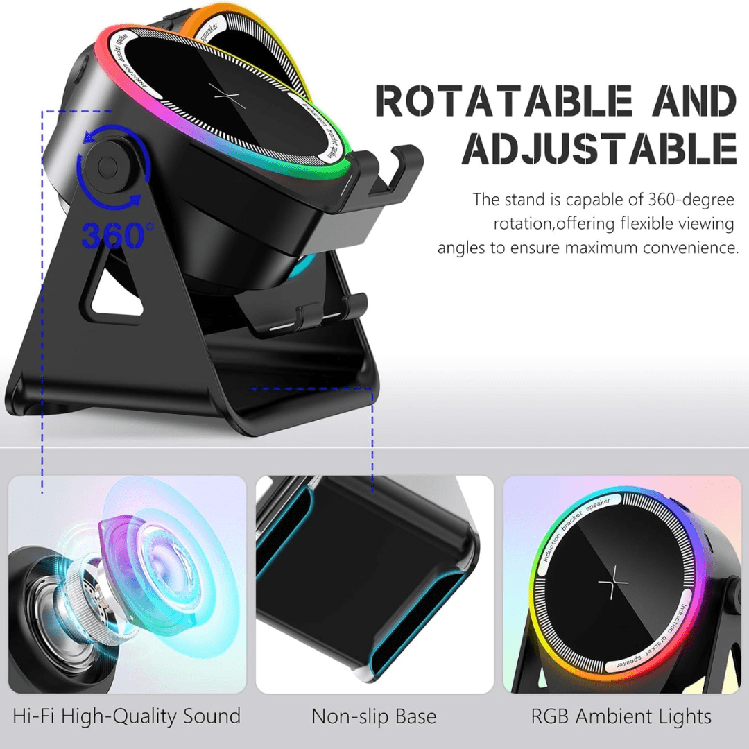 4-in-1 Wireless Induction Speaker with RGB Lights & Phone Stand | 360° Rotating Design - Gallery | BuyersFeast
